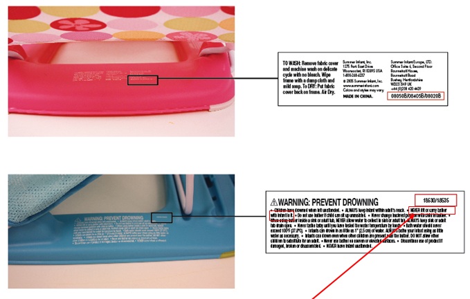 Picture of Labels and Locations - Bathers manufactured since July 2007 include the warning 'Never lift or carry the bather with infant in it.'