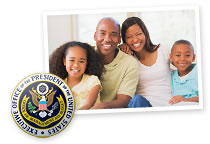 This is a collage of two images. The first image shows the Presidential Seal. The second image shows a family of a mom, dad, daughter, and son, smiling and embracing.
