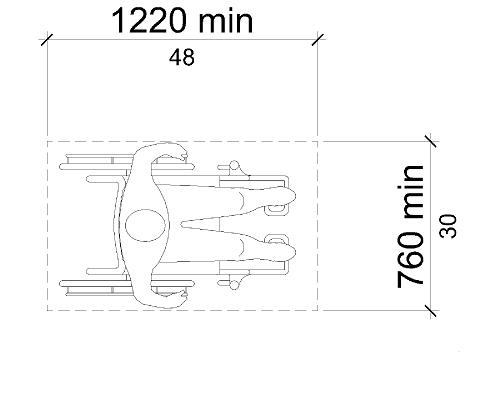 Occupied wheelchair space shown in plan view to be 760 mm (30 inches) wide minimum and 1220 mm (48 inches) long  minimum.