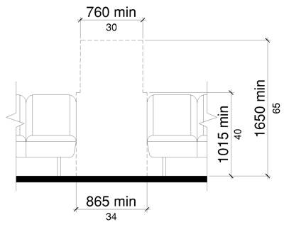 For over-the-road buses, circulation path clear width shown to be 865 mm (34 inches) minimum from the vehicle floor to a height 1015 mm (40 inches) minimum above the vehicle floor, and 760 mm (30 inches) minimum above this height to a height 1650 mm (65 inches) minimum.