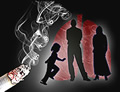 Lit, smoking cigarette with child and two adults in silhoutte in front of lung image