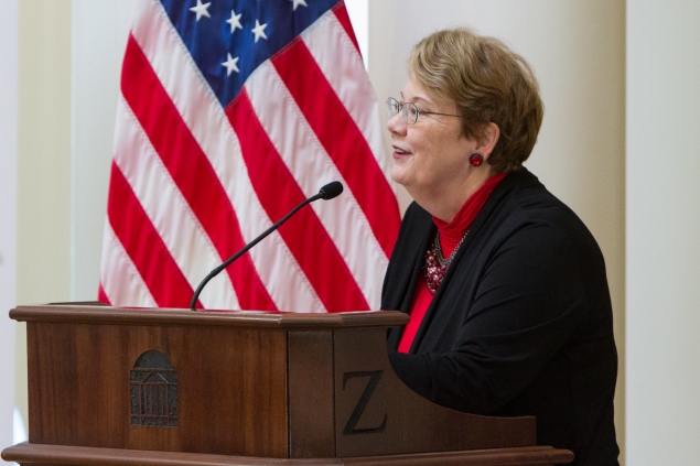 University of Virginia President  Teresa Sullivan welcomes Acting Secretary Blank and others to the University of Virginia