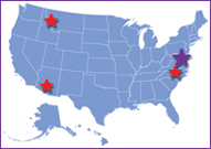 Map of United States with a stars over Bethesda, Maryland; Hamilton, Montana; Research Triangle Park, North Carolina and Phoenix, Arizona