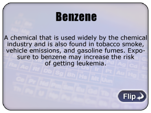 Benzene - A chemical that is used widely by the chemical industry and is also found in tobacco smoke, vehicle emissions, and gasoline fumes. Exposure to benzene may increase the risk of getting leukimia