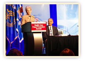 HHS Secretary Kathleen Sebelius and Attorney General Eric Holder speak at the Regional Fraud Prevention Summit in Chicago. Credit: Photo by Michael Wilker – HHS Studio Director.