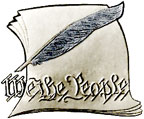 This drawing shows a quill pen, some pages, and the words We the People.