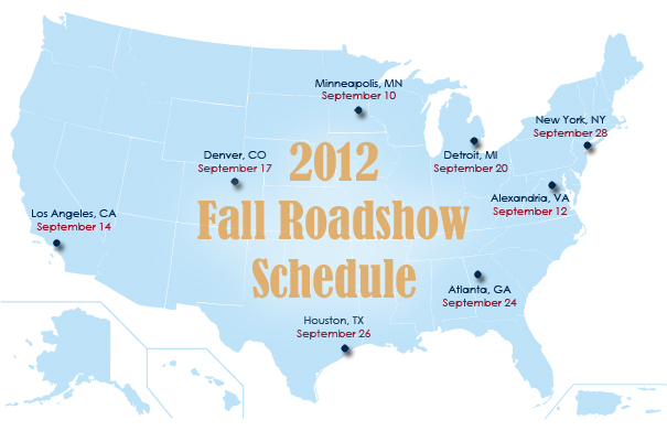 USA Map with dot markings for the following Cities: Minneapolis, MN (September 10), Alexandria, VA (September 12), Los Angeles, CA (September 14), Denver, CO (September 17), Altanta, GA (September 24), Houston, TX (September 26), New York, NY (September 28)