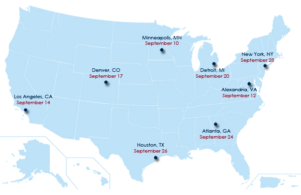 USA Map with dot markings for the following Cities: Minneapolis, MN (September 10), Alexandria, VA (September 12), Los Angeles, CA (September 14), Denver, CO (September 17), Altanta, GA (September 24), Houston, TX (September 26), New York, NY (September 28)