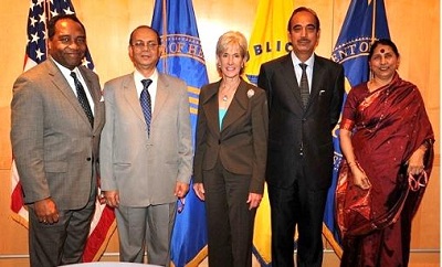 On Photo: U.S. Department of Health and Human Services Secretary Kathleen Sebelius (center); Ghulam Nabi Azad, Minister of Health and Family Welfare (second from right;  Dr. Griffin P. Rodgers, director of the National Institute of Diabetes and Digestive and Kidney Diseases (left); Dr. V.M. Katoch, Secretary of India’s Department of Health Research and Director-General, Indian Council of Medical Research (second from left), and the Honorable Krishna Tirath, India’s Minister of State for Women and Child Development (right)