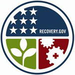 Stylistic Recovery Act logo, consisting of an outline of a blue circle. The interior of the circle is divided into 3 parts: a blue semi-circle on top, a green half semi-circle on the bottom left, and a maroon half semi-circle on the bottom right. The blue semi-circle contains white stars and the text "RECOVERY.GOV" with a link to that Web site. The green half semi-circle has a white flower in it. The maroon half semi-circle has white gears in it.