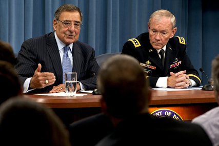 Defense Secretary Leon E. Panetta and Army Gen. Martin Dempsey, chairman of the Joint Chiefs of Staff, brief the press at the Pentagon Sept. 25, 2012. 