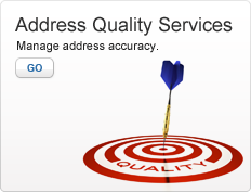 Address Quality Services. Manage address accurately. Photo of a dart striking a target labeled Quality. Go.