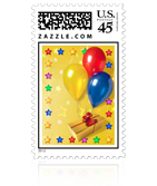 Image of birthday balloons and gift on a stamp