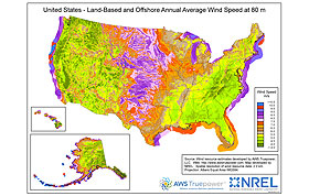 Combined offshore and land-based wind resource map