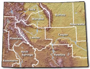 Wyoming map with BLM Field Office boundaries.
