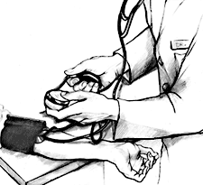 Drawing of a doctor checking a patient's blood pressure.