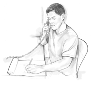 Drawing of a man seated at a table while talking on the phone and writing a note on a pad of paper.