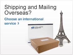 Shipping and Mailing Overseas? Photo of an Eiffel Tower, brown package, and shipping envelope. Choose an international service >