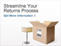 Streamline Your Returns Process. Get More Information. Image of a lamp and a shipping box with a return label.