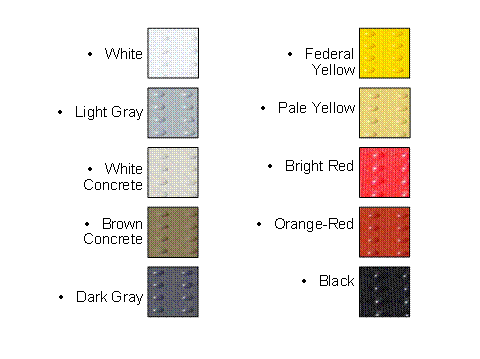 Figure 2. Photo. Uniformly Colored Detectable Warnings (Color Samples). This figure shows a close-up detail view of each of the uniformly colored detectable warnings used in this study.  The color name of each detectable warning is presented to the left of its photo.