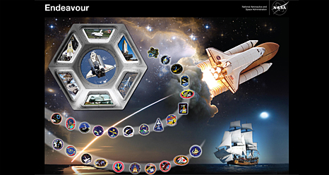 Poster with an image of the shuttle, a sailing ship, mission patches and photos of the shuttle in the windows of the Cupola