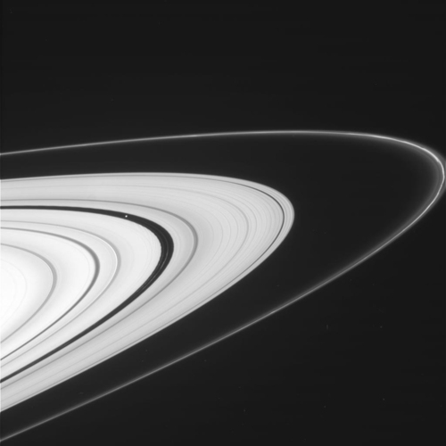Image description: NASA&#8217;s Cassini spacecraft resumed the kind of orbits that allow for spectacular views of Saturn&#8217;s rings. This view, from Cassini&#8217;s imaging camera, shows the outer A ring and the F ring. Learn more about Cassini&#8217;s new view of Saturn.
Image from NASA/JPL-Caltech/SSI