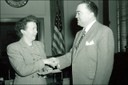 Helen Gandy joined the Bureau in 1918 and worked exclusively for J. Edgar Hoover from 1921 (when he was named assistant director, with his appointment as Director coming in 1924) until his death on May 2, 1972. Serving over time as secretary, administrative assistant, and executive assistant, she took charge of Hoover’s office and eventually supervised her own staff, becoming a legendary figure in the Bureau and playing a key role in shaping the evolving FBI over five decades. This picture was taken with Hoover in March 1953 as Gandy celebrated her 35th anniversary with the Bureau. Gandy passed away in 1988.