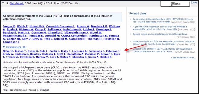 Expanded Collaborators list on a PubMed display