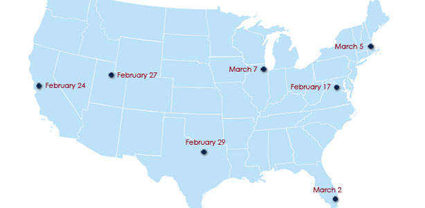 A map of the United States with dates and pinpointed locations: Feb. 24 - California, Feb. 27 - Utah, Feb. 29 - Texas, March 7 - Illinois, Feb. 17 - Washington D.C., March 5 - Pennsylvania, March 2 - Florida