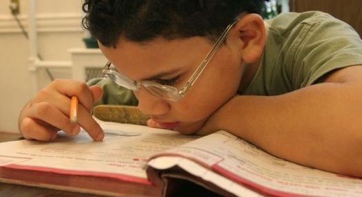 Child with glasses reads a textbook