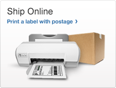 Ship Online. Print a label with postage photo of computer printer with shipping label and brown box