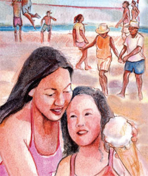 Ilustración de madre e hija compartiendo un helado.
