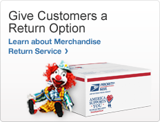 Give Customers a Return Option. Learn about Merchandise Return Service photo of clown doll sitting against a flat rate box