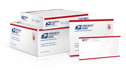 Image of 3 priority mail flat rate boxes and 1 envelope