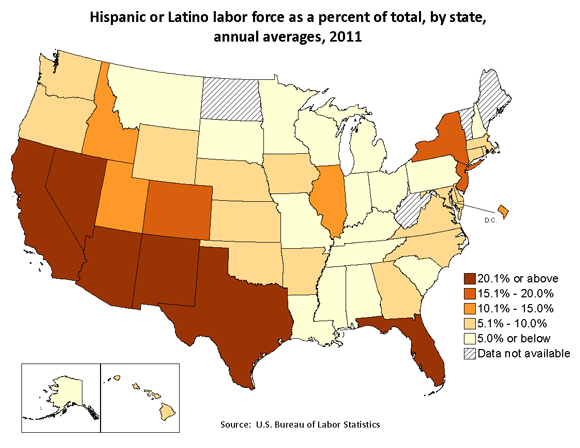 Hispanic or Latino labor force as a percent of total, by state, annual averages 2011