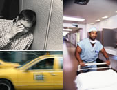 A tired man, a man working in a hospital, and a taxi driver.