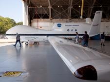 This image captures a perspective of NASA's Global Hawk unmanned aircraft from one of the wings. The Global Hawk is sitting at the aircraft hangar of NASA's Wallops Flight Facility in Wallops Island, Va on Sept. 7, 2012.
