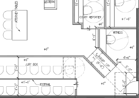 Plan view drawing showing a ramp serving both the witness stand and jury box