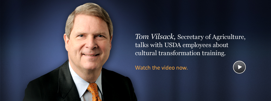 Image of Tom Vilsack with the following text: Tom Vilsack, the secretary of Agriculture, talks with USDA employees about cultural transformation training. Login to Aglearn to view the video.