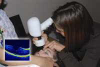 Hand-held scanning of a child's eye, with image of healthy retina (inset).