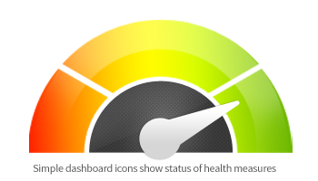 Simple dashboard icons show status of health measures