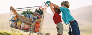 Photo: Two young boys pushing shopping cart in desert