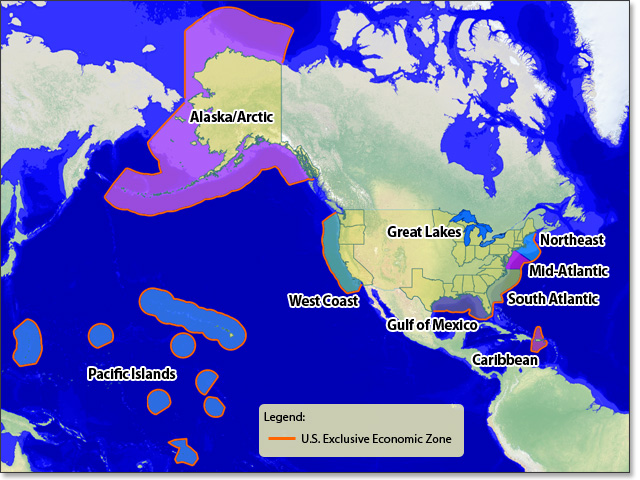 A map showing coasts of the United States, highlighting 9 regions