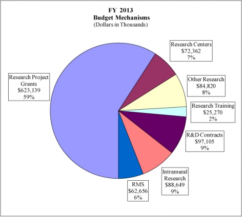 FY 2013 Budget Mechanisms (dollars in thousands): Research Project Grants $623,139/59%, R&amp;D Contracts $97,105/9%, Intramural Research $88649/9%, Other Research $84820/8%, Research Centers $72362/7%, RMS $62656/6%