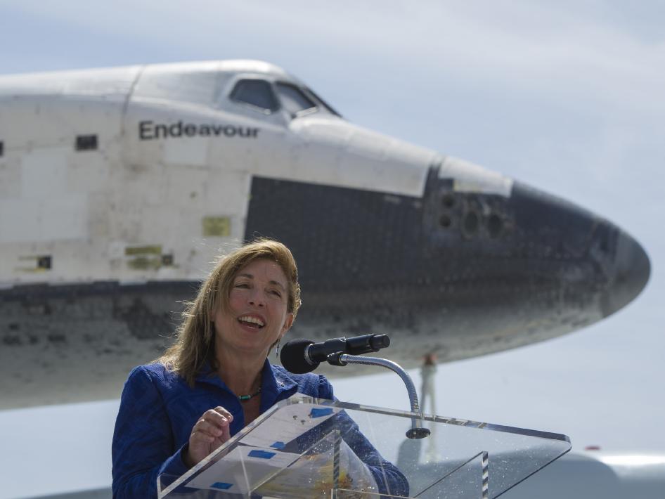 NASA Deputy Administrator Lori Garver speaks at a welcoming ceremony for space shuttle Endeavour, Friday, Sept. 21, 2012, at Los Angeles International Airport.