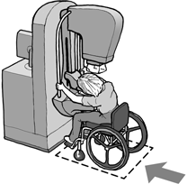 Woman using a manual wheelchair holding onto the supports of the mammography machine shown in the overview image.  The machine is adjusted to a lower height to accommodate a seated position.