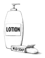 Drawing of a container of skin lotion labeled lotion and a bar of soap labeled mild soap.