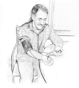 Drawing of a man sitting at a table and checking his blood pressure using a blood pressure cuff on his right arm.