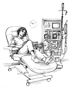 Drawing of a woman undergoing dialysis. She is sitting in a chair and is hooked up to the dialysis machine.