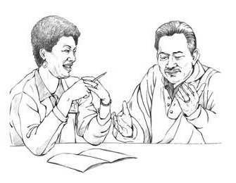 Drawing of a male patient and a female doctor sitting at a table and talking.